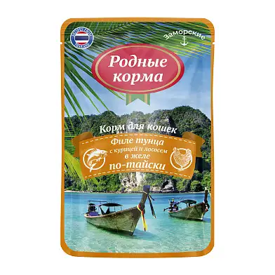 РОДНЫЕ КОРМА заморские паучи для кошек филе тунца с курицей и лососем в желе по-тайски