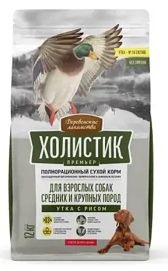 Деревенские лакомства Холистик Премьер сухой корм для взрослых собак средних и крупных пород с уткой и рисом