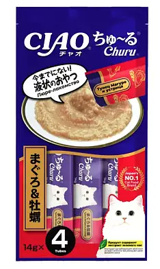 Inaba Лакомство-пюре CIAO Churu пюре для кошек Тунец Магуро и устрица